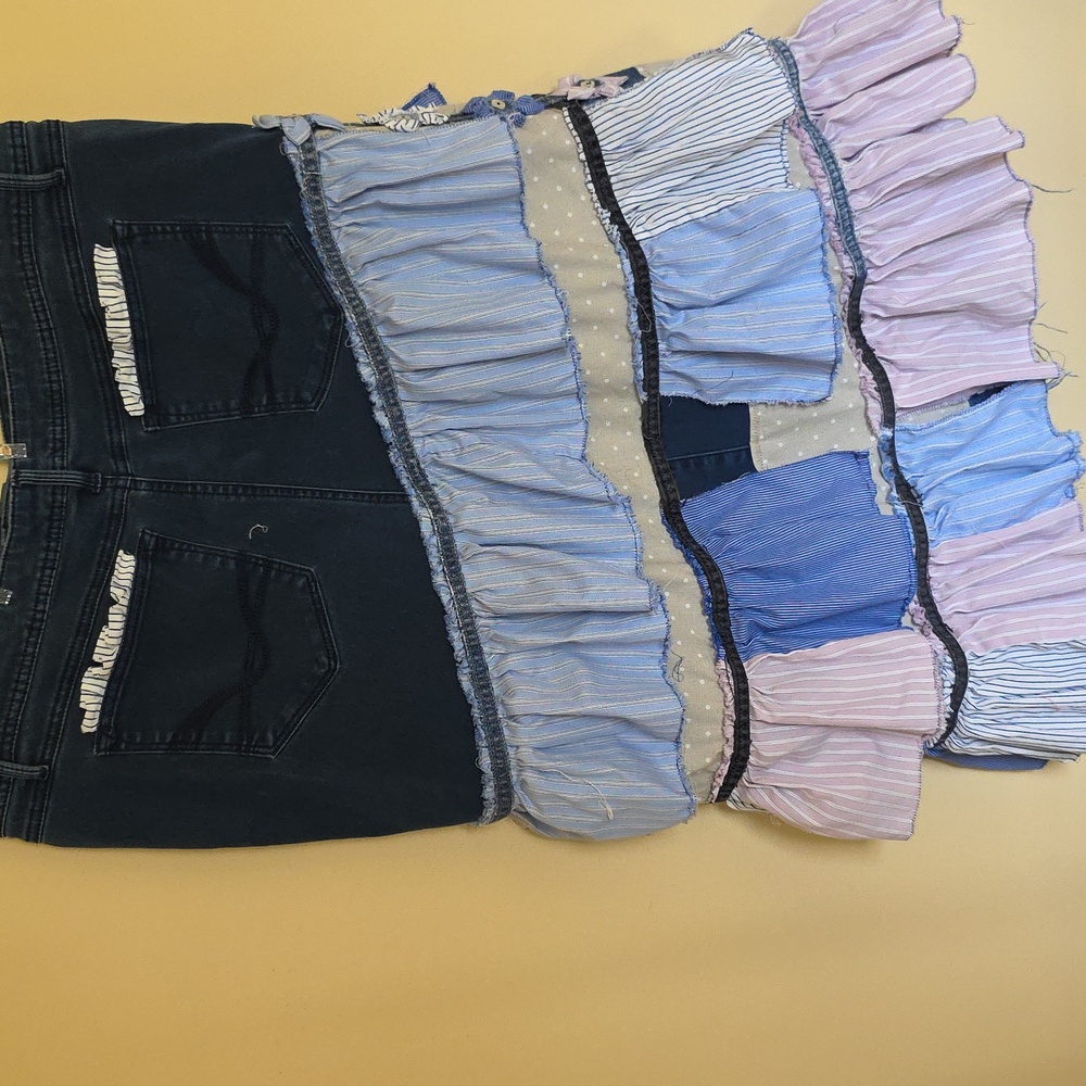 Ucycled Asymetrical Tiered Jean Midi Skirt From Jeans And Mens Shirts - Picture 7 of 12